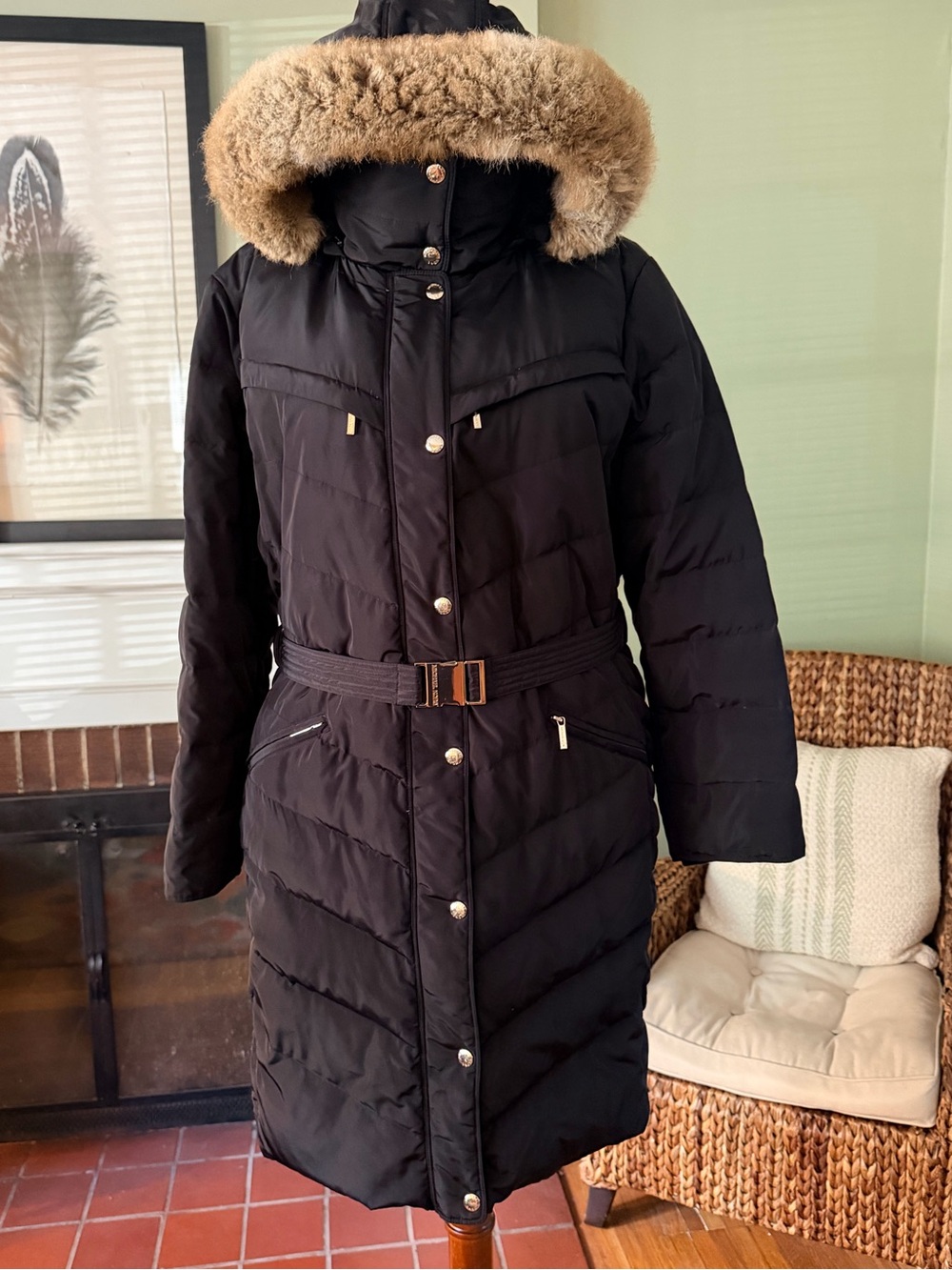 Michael Kors Black Longline Down Fill Puffer Parka Faux Fur Hood Belted -Size 2X